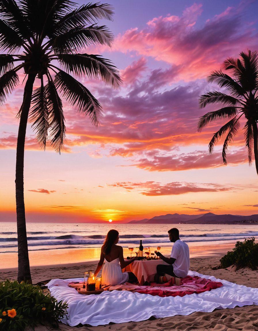 A romantic beach scene at sunset with a couple walking hand in hand along the shoreline, soft waves lapping at their feet. Include a picnic spread with a bottle of wine, tropical fruits, and candles on a blanket decorated with flowers. The sky is painted in warm hues of orange and pink, with palm trees swaying in the background. artistic photography. vibrant colors. magical atmosphere.