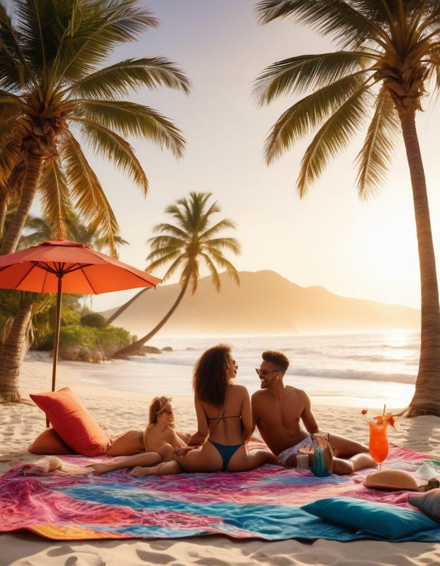 A sun-soaked beach scene showcasing a diverse group of stylish individuals in sensual swimwear, laughing and splashing in the waves. In the foreground, a romantic setup with a picnic blanket, soft pillows, and glasses of sparkling drinks under colorful umbrellas. The background features palm trees swaying in a gentle breeze and a radiant sunset casting a warm glow. Captivating details of beach accessories like hats, sunglasses, and flip-flops add to the vibe of summer romance. vibrant colors. tropical theme. super-realistic.
