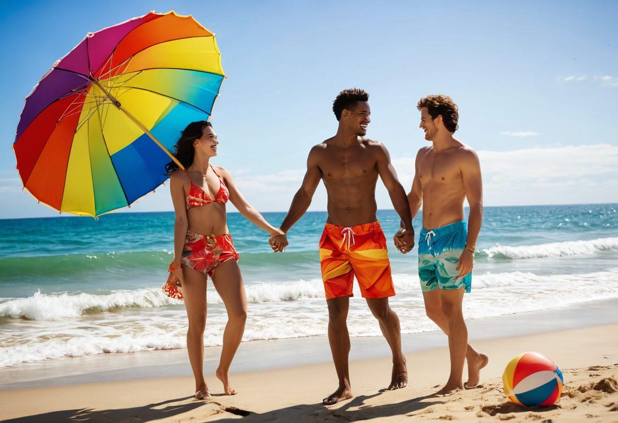 A sunny beach scene featuring a stylish couple playfully flirting while wearing colorful and trendy beachwear. Include vibrant beach umbrellas and sparkling ocean waves in the background. The couple is laughing and holding hands, surrounded by playful beach props like a beach ball and flip-flops, evoking a sense of intimacy and fun. super-realistic. vibrant colors. soft focus.